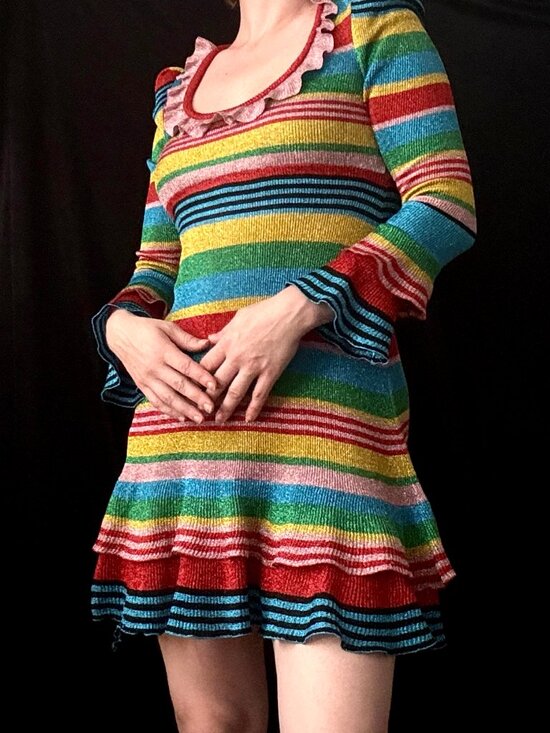 Moschino Dresses & Skirts - MOSCHINO 2019 Metallic Rainbow Striped Ruffled Knit Mini Dress